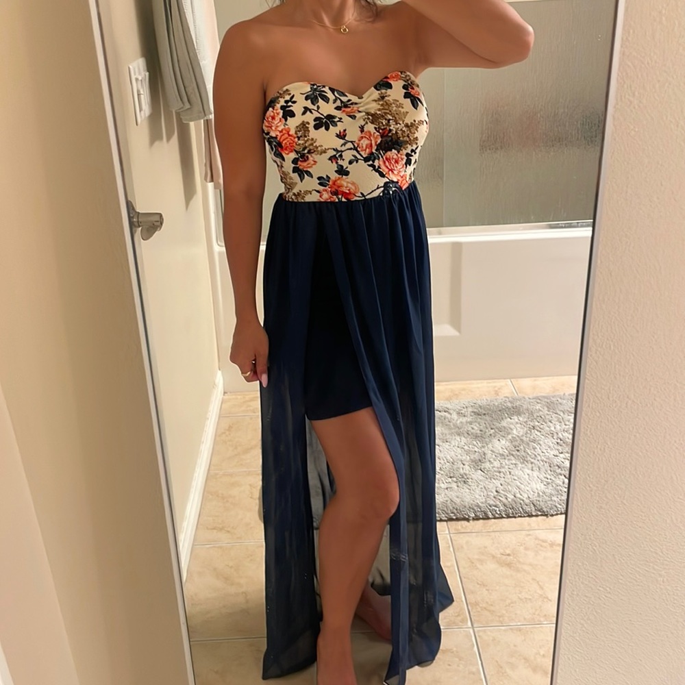 Floral top split thigh dress. Navy bottom. Small